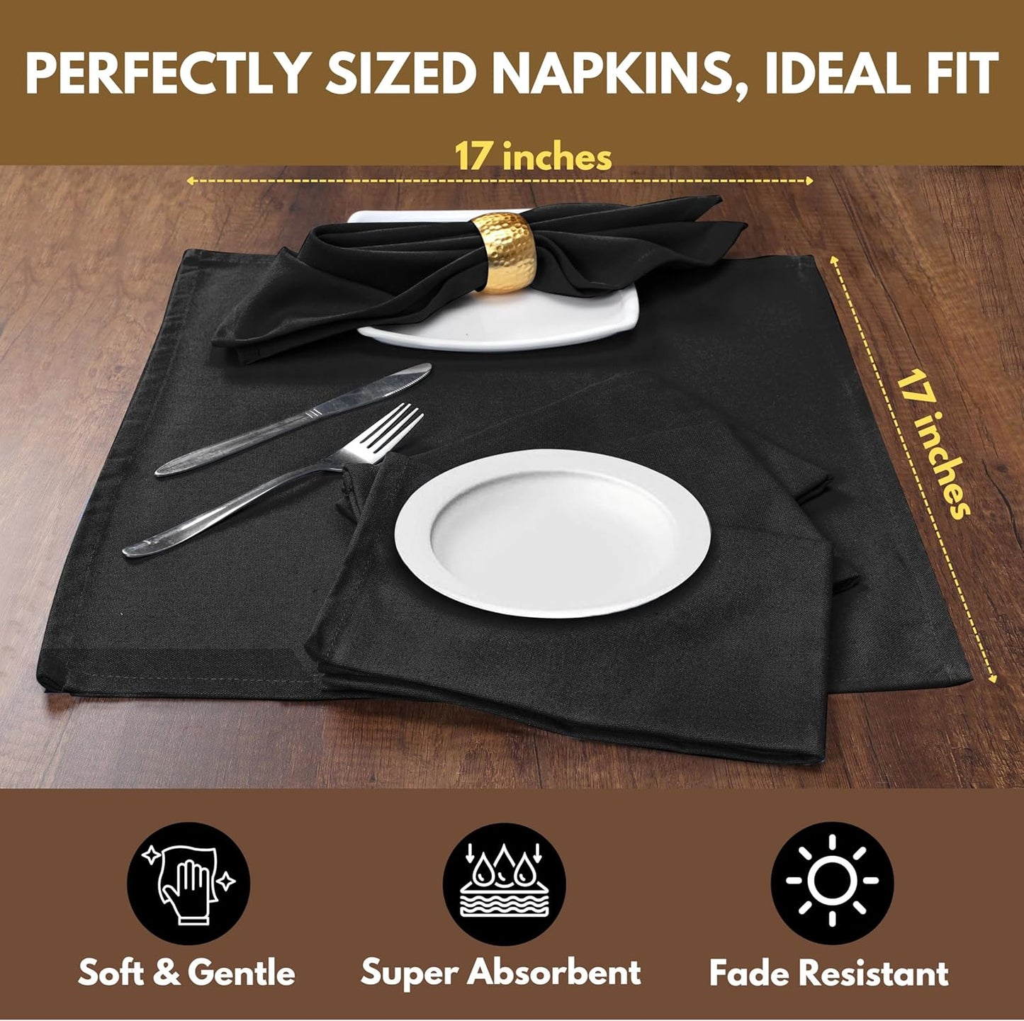 Native Fab Black Cloth Napkins, Set of 4, 17x17 inches, 100% Cotton, Washable, Reusable Fabric Linen, Table Decor Napkins for Dinner, Events, Parties, Wedding - Black