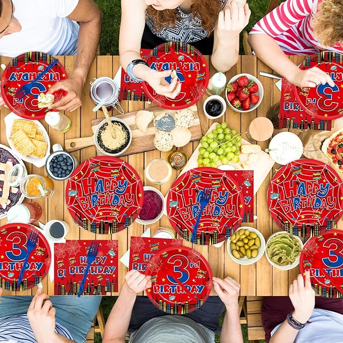 96Pcs Spider 3rd Birthday Party Decorations Cartoon Spider Theme Plates Napkins Red Blue Hero Tableware set Super Theme Hero 3rd Birthday Decoration Favors for Kids 3 Year Old Party Supplies Serve 24