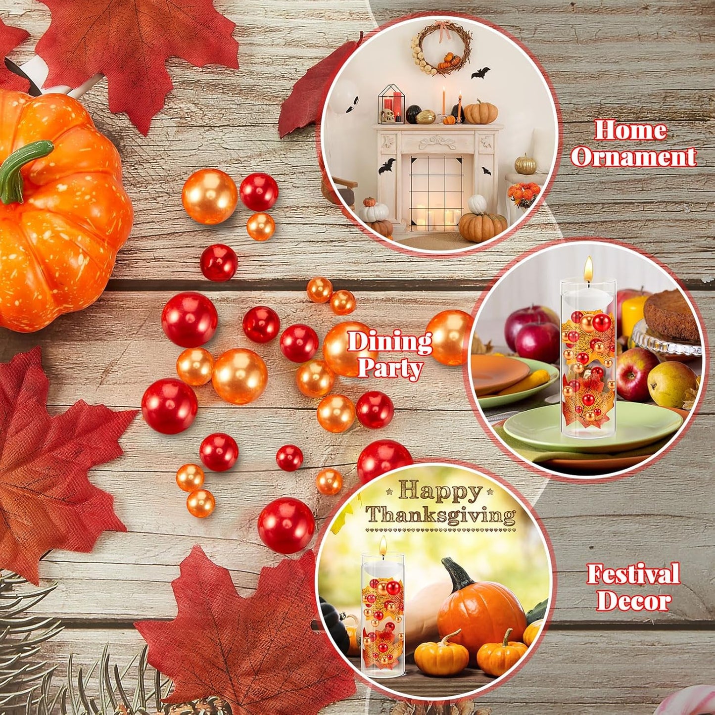 MTLEE 124 Pcs Thanksgiving Vase Filler Faux Pearl for Vase Filler with 8 White Unscented Candles for Fall Thanksgiving Home Table Party Festival Decors, Not Included Clear Beads(Maple Leaves)
