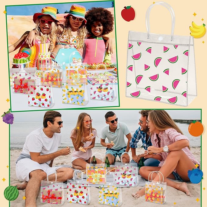 H1vojoxo Summer Fruit Gift Bags - 24PCS Strawberry Orange Watermelon Pineapple Clear PVC Gift Bags with Handles Reusable and Waterproof Mix Fruits Goodie Treat Tote Bag Summer Fruit Party Favor Bag