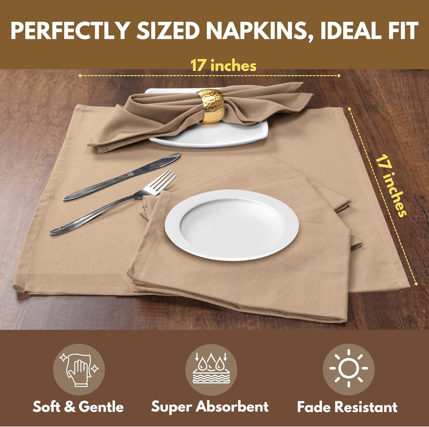 Native Fab Solid Cloth Napkin Set of 4, 100% Cotton, Washable, Reusable Dinner Cloth Napkin 17x17 inches, Table Decor Napkins for Dinner, Events, Beige