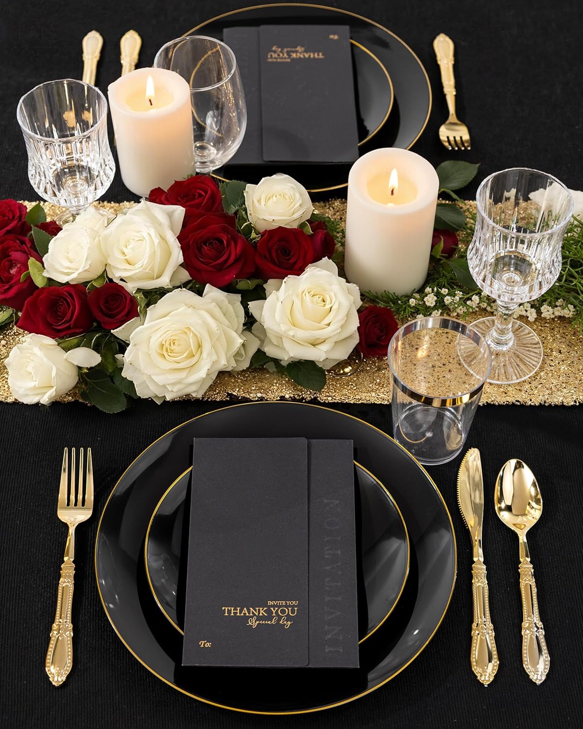 Nervure 100PCS Black and Gold Plastic Plates - 10.25 inch Black Disposable Plates - Gold Rim Dinner Plate - Black Dinner Plate Ideal for Wedding & Party & Halloween