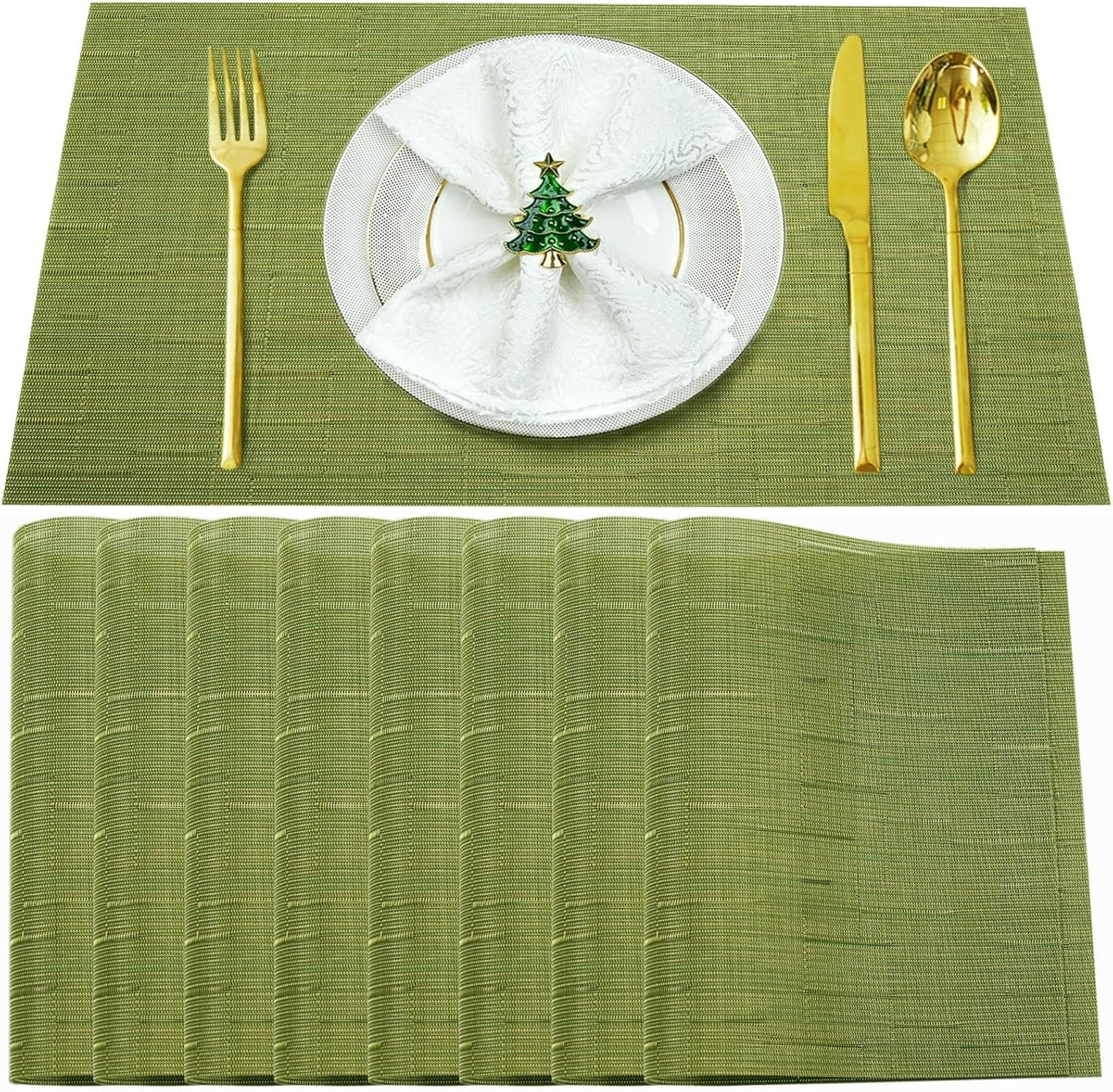 Placemats Set of 8,Washable,Heat and Stain Resistant Indoor/Outdoor Place mats,Vinyl Woven Non Slip Table Mats for Restaurant Table Protection,PVC Place mats(Green,8PCS)