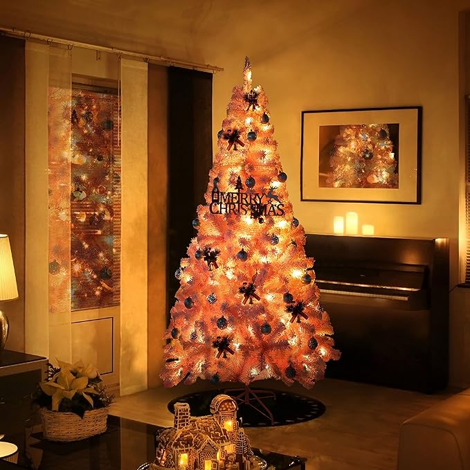 MUPATER 6ft Snow Flocked Christmas Tree Pre-lit, Pink Christmas Flocked Tree with Lights, Artificial Holiday Christmas Tree with Stand for Home Decoration