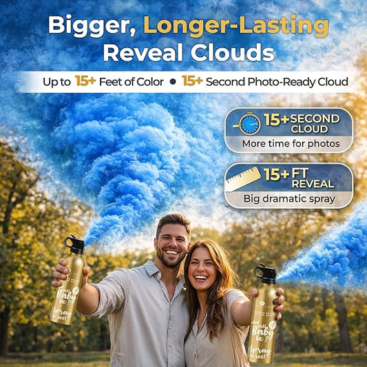 Gender Reveal Smoke Bombs Set – 2 Pack Gender Reveal Fire Extinguisher Spray (Blue, 300g Each) – Non-Toxic Cornstarch Cloud for Baby Boy Reveal Party Ideas, Pregnancy Announcement – Stickers Included