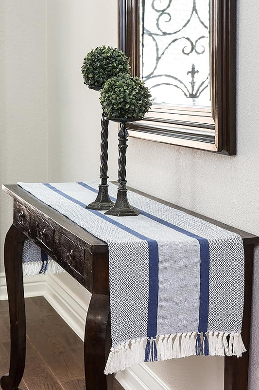 Sticky Toffee Cotton Table Runner, 14 x 72 Inch, Blue Woven Farmhouse Boho Striped Table Décor for Kitchen or Dining