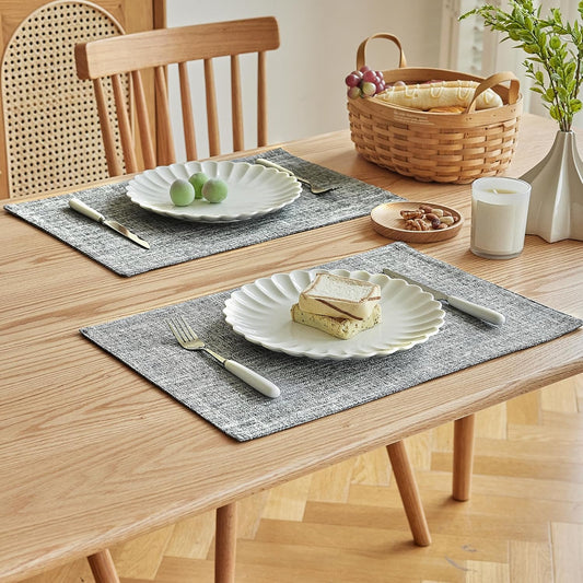 Softalker Faux Linen Placemats Set of 12-12 x 18 Inch, Heat Resistant Double Layered Durable Burlap Farmhouse Place Mats, Non-Slip Washable Rustic Table Mats for Dining, Kitchen, Party(Ash Grey