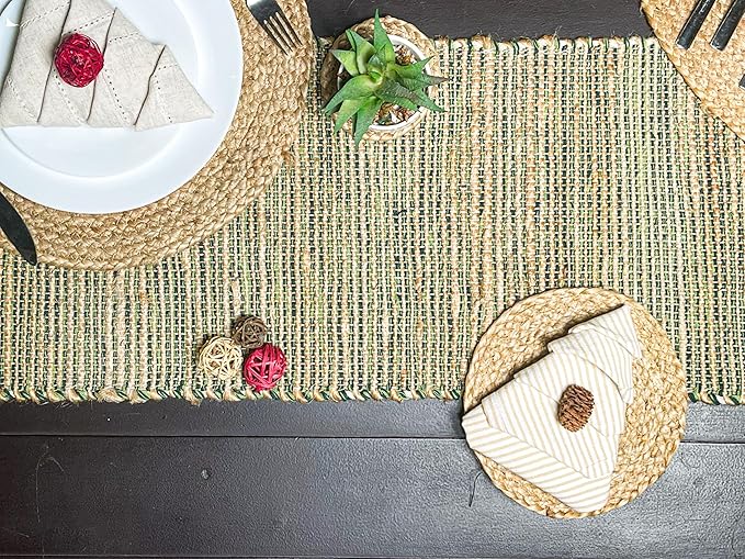 Chardin home Natural Jute Table Runner 13x36 Inch – Vintage Boho Rustic Table Decor – Handwoven Table Runner in Natural Jute and Green – Farmhouse Dining or Console Table Accent