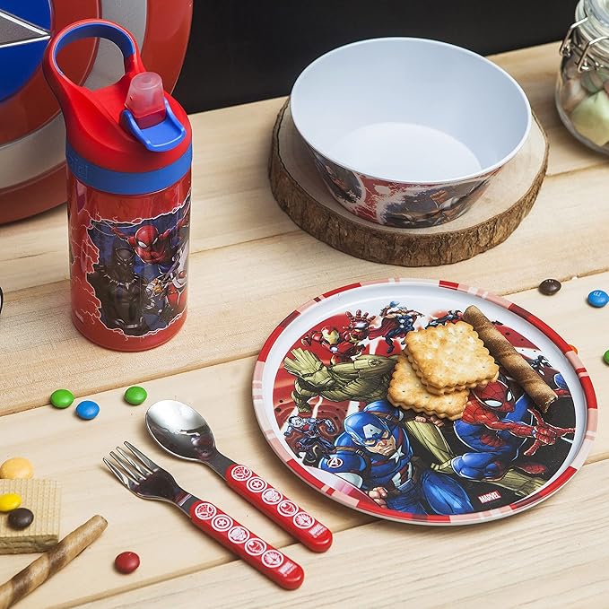 Zak Designs 5-Piece Dinnerware Set, Marvel Universe - Durable Plastic & Stainless Steel - Includes Water Bottle, 8-Inch Plate, 6-Inch Bowl, Fork & Spoon - Suitable for Kids Ages 3+
