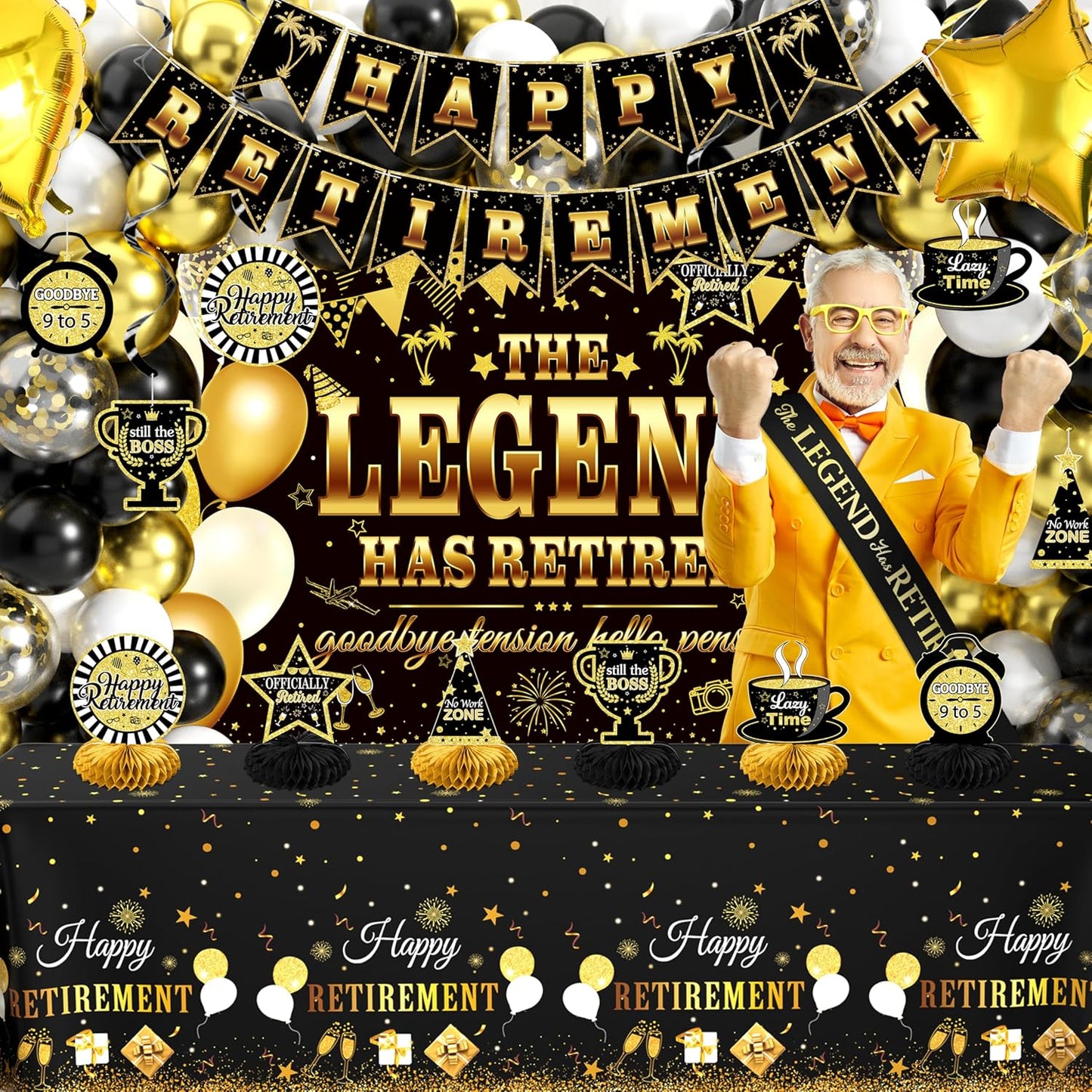 Retirement Party Decorations, 109Pcs Black Gold Happy Retirement Decorations for Men Women, The Legend Has Retired Backdrop Sash Banner Tablecloth Pompoms Centerpiece Hanging Swirls Balloons