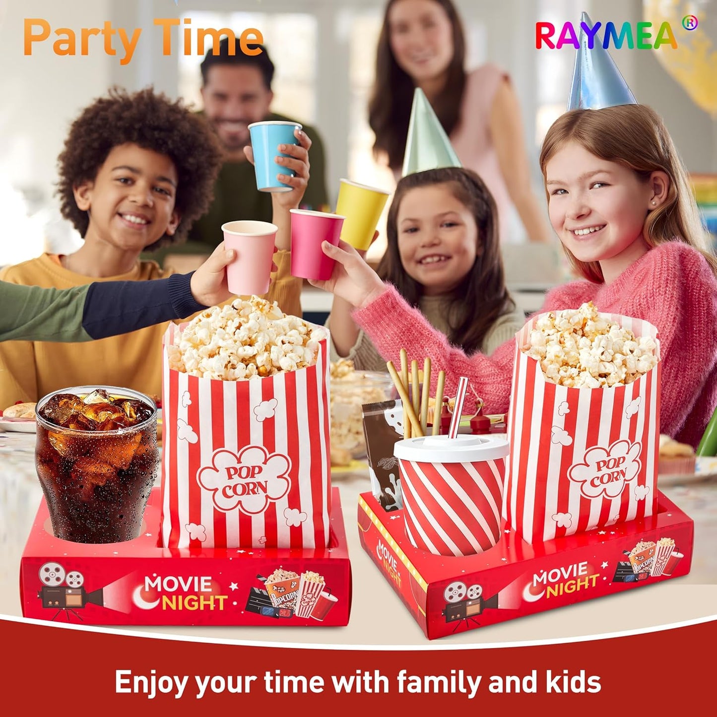 24Pcs Movie Night Supplies Disposable Paper Movie Snack Trays (12ct) and Retro Style Large Capacity Popcorn Bags(12ct), Drink & Candy Snack Boxes for Cinema Family Birthday Parties