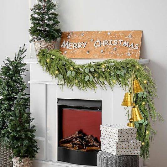 Sggvecsy 6Ft Christmas Fork Norfolk Pine Garland Artificial Christmas Garland Real Touch Pine Greenery with Eucalyptus for Table Wall Mantle Indoor Fireplace Home Holiday Decoration (2 Pack)