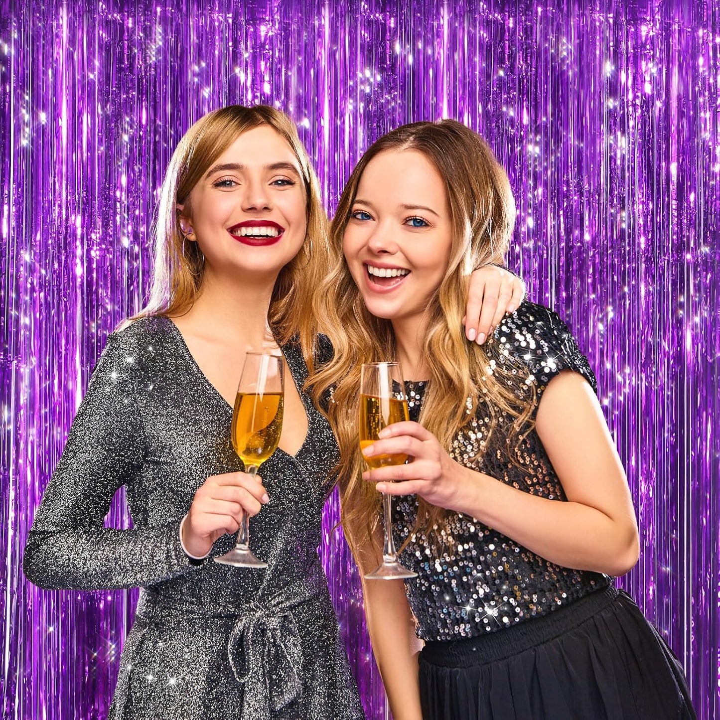 2 Pack Purple Metallic Tinsel Foil Fringe Curtains, Door Streamers Photo Booth Backdrop for Birthday Party, Tinsel Curtain Backdrop for Baby Shower Bachelorette Christmas Party Decorations