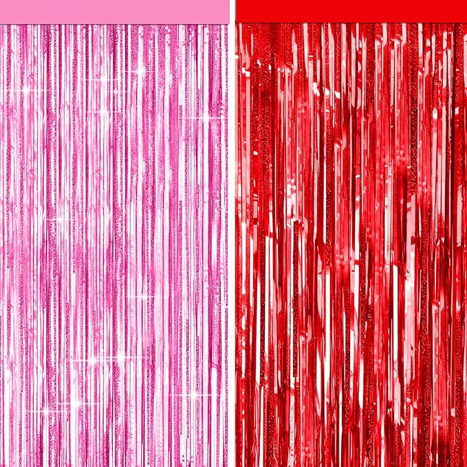 4 Packs Pink and Red Foil Fringe Curtain, Pink Red Metallic Tinsel Backdrop for Birthday, Baby Shower, Princess Bachelorette Party, Valentines Party Decorations Supplies