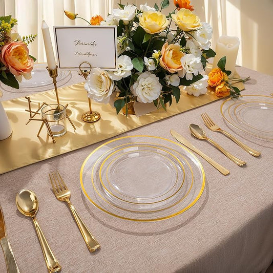 100PCS Clear Plastic Plates, 10 Inch Thanksgiving Plates Disposable Dinner Plate Party with Gold Rim, Heavy Duty Disposable Plastic Plate for Party, Wedding and Birthday
