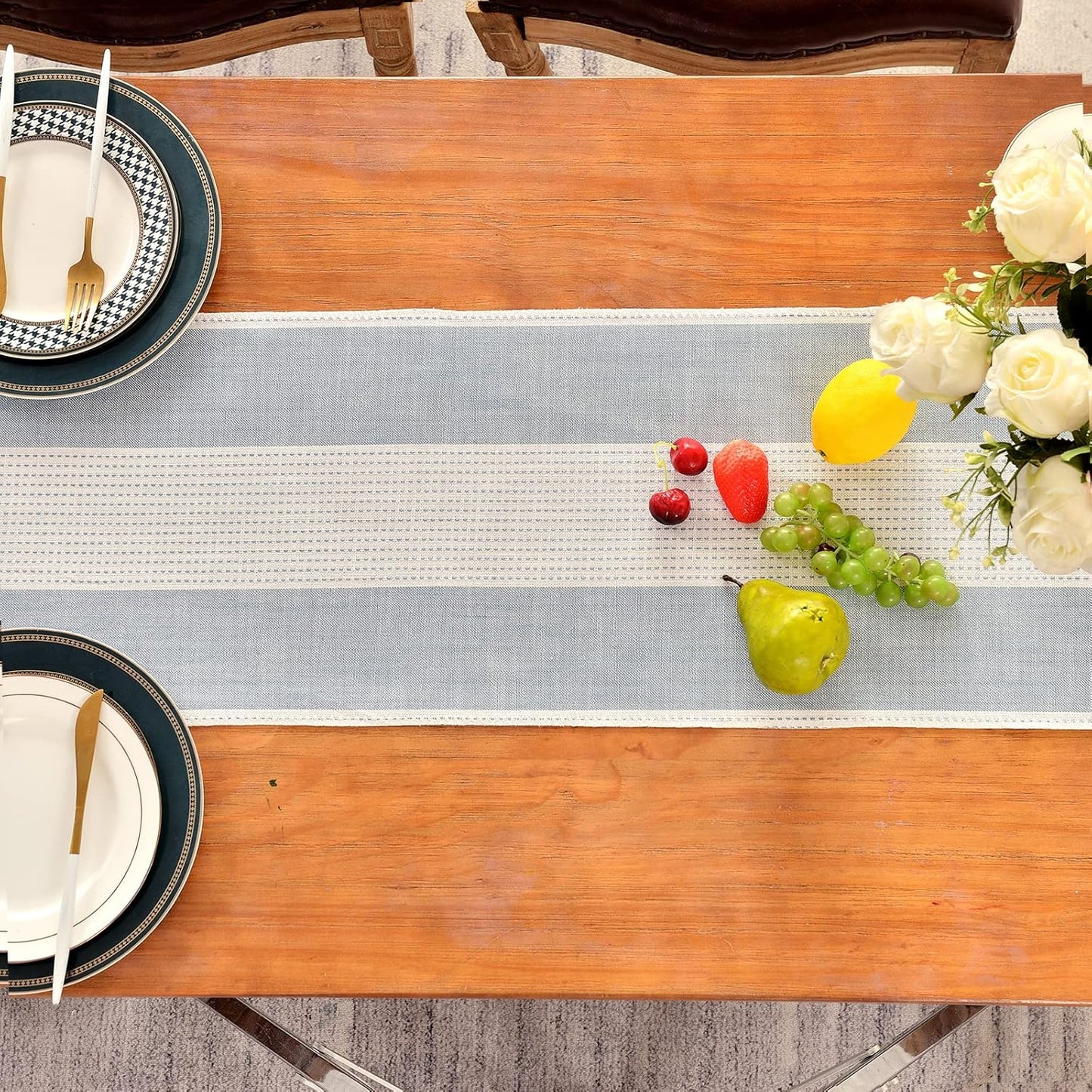 Wracra Linen Table Runner, Farmhouse Macrame Table Runners 108 Inches Long for Dining Table Decor, Wedding, Party and Dresser Decor (Blue,108")