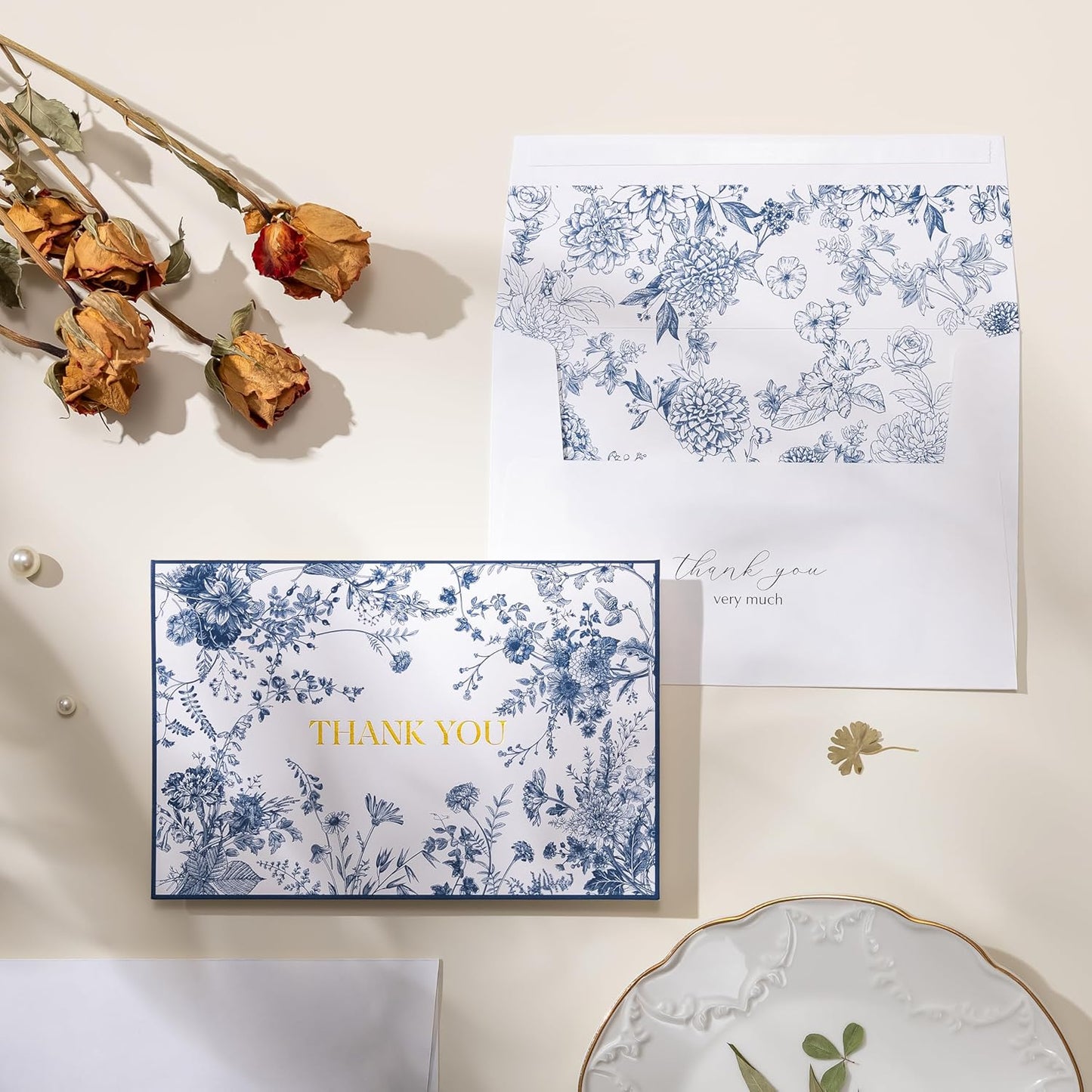 Crisky Navy Blue Floral Thank You Cards with Envelopes, 50 Pack Gold Foil Wildflower Greeting Notes Bulk for Birthday, Baby Shower, Bridal Shower, Wedding, Graduation