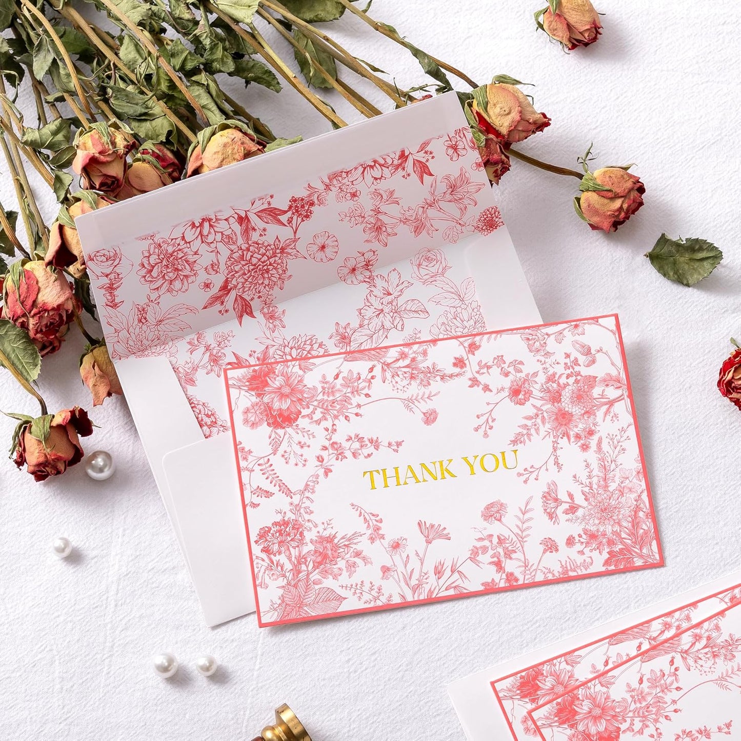 Crisky 25 Pack Pink Floral Thank You Cards with Envelopes, Gold Foil Wildflower Greeting Notes Bulk for Birthday, Baby Shower, Bridal Shower, Wedding, Graduation
