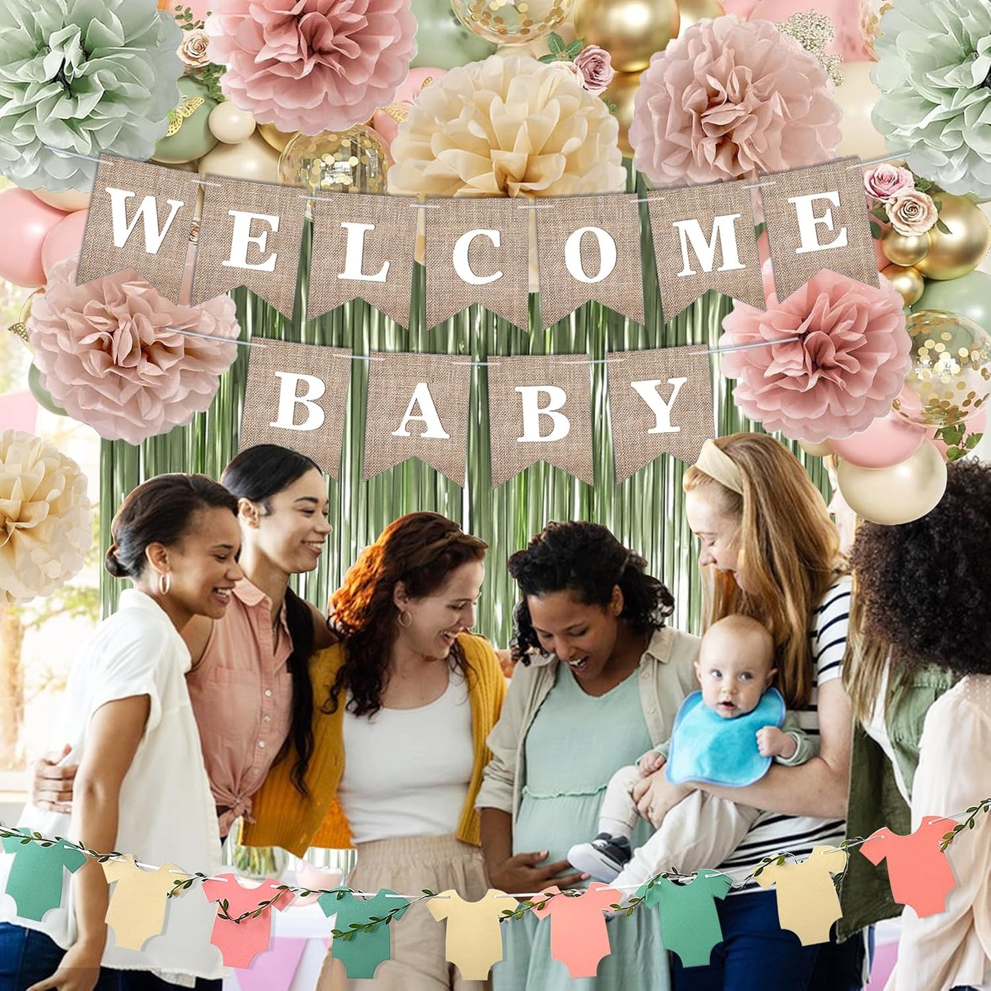 Pink Green Baby Shower Decorations Girls with Welcome Baby Banner, Paper Pom Poms, Sweet-Girl Baby Cake Topper, Retro Olive Pink Metallic Balloon Décor for Easter Jungle Safari Fairy Baby Shower Party
