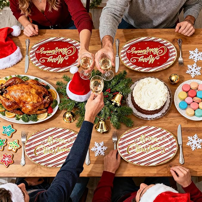 50Pcs Christmas Oval Paper Plates 10" x 12" Large Disposable Heavy Duty Red and Gold Stripe Paper Platters Red Gold Xmas Party Platter for Merry Christmas Holiday New Year Dinner Party Supplies
