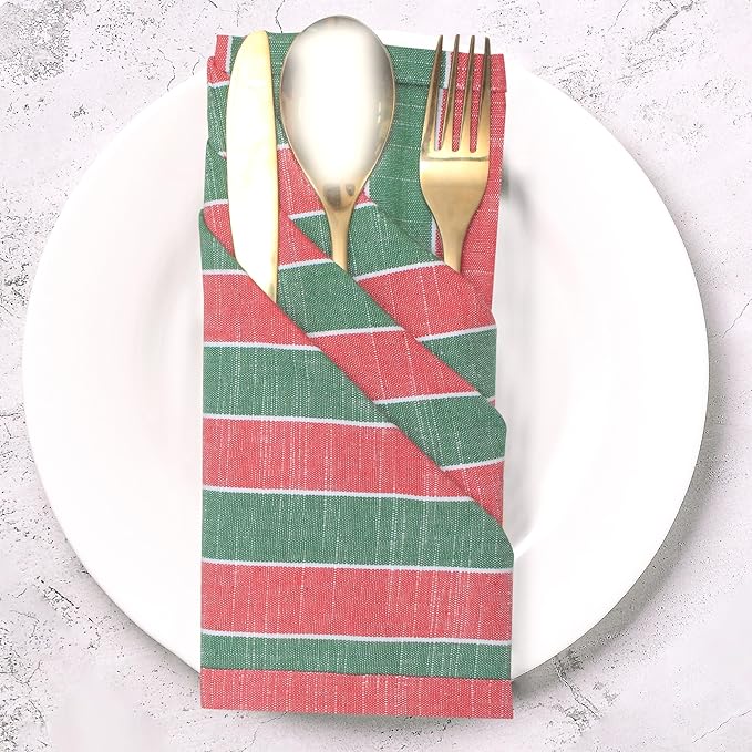 Urban Villa Christmas Cloth Napkin Xmas Stripes Dinner Napkins Set of 12 Red Green White 100% Cotton Reusable Washable Absorbent Soft Cloth Napkins 20”X20”Ideal for Everyday Use Christmas Parties