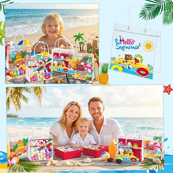 H1vojoxo Hello Summer Gift Bags - 24PCS Beach Vacation Clear Gift Bags with Handles 7.9 x 3.2 x 7.9 Inch Reusable PVC Plastic Transparent Waterproof Tote Bag for Summer Party Birthday Party Supplies