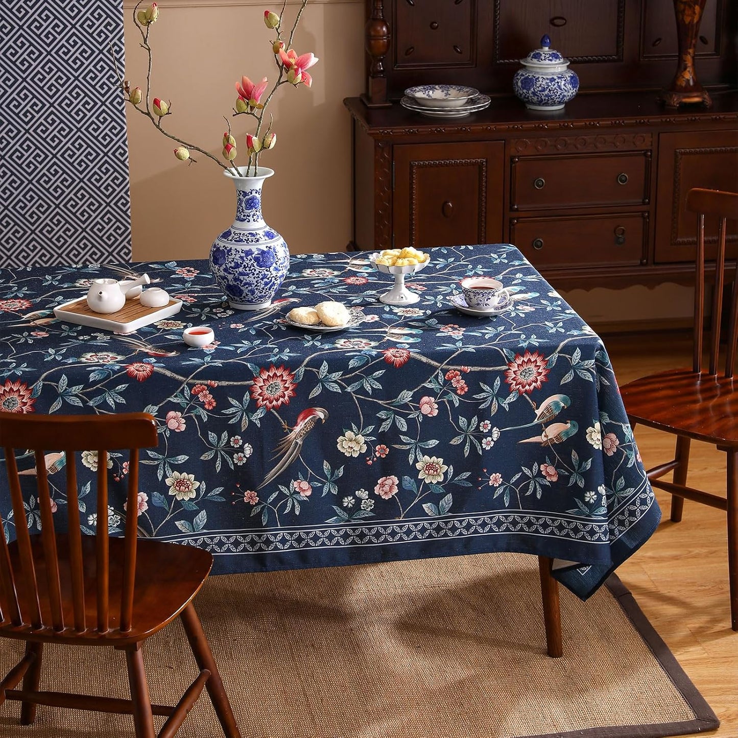 patdrea Designer Dark Blue Linen Rectangle Tablecloth,Vintage Navy French Floral and Birds Pattern Table Cloth,Decoration Table Cover for Kitchen,Dining,Tea Party,Home,Christmas,55"*87"
