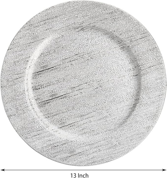 Jucoan 12 Pack Silver Charger Plates, 13 Inch Round Plastic Charger Plates, Decorative Silver Strip Plate Chargers for Dinner Plate, Wedding Thanksgiving Christmas Party Table Decor, Shiny Texture