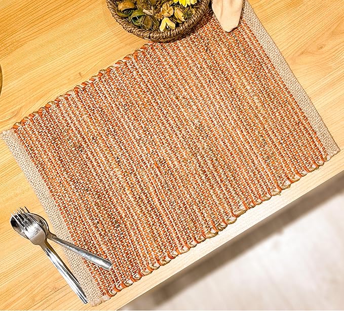 Chardin Home Natural Jute & Rust Orange Placemats, Set of 4 – Rustic Handmade Boho Table Mats, 13x19 Inch Dining Table Placemats for Kitchen, Everyday Meals, Holidays, Farmhouse or Modern Table Décor