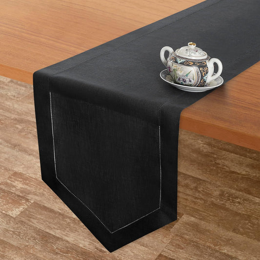 D'Moksha Homes Black Linen Table Runner 48 Inches Long - 100% Pure Linen Diamond Table Runner 14 x 48 Inch for Dining, Fall and Halloween - Machine Washable