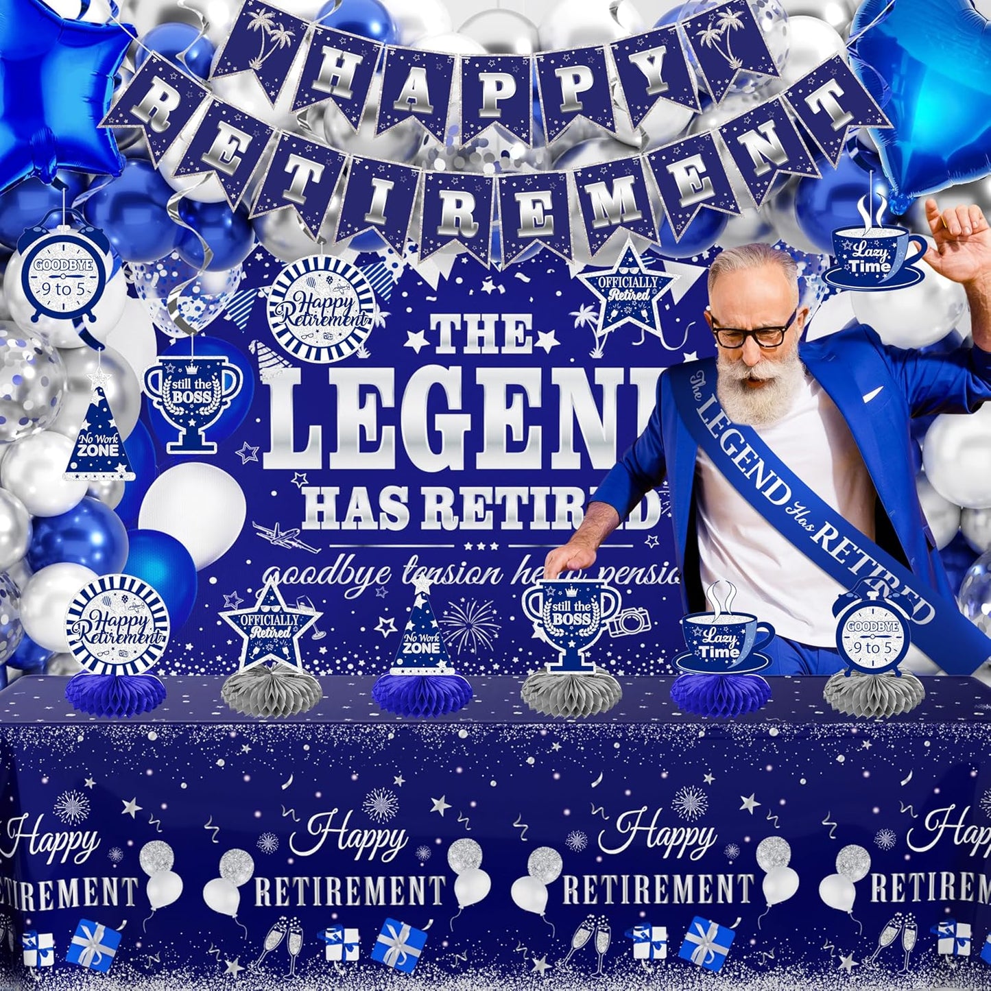 Retirement Party Decorations, 109Pcs Blue Silver Happy Retirement Decorations for Men Women, The Legend Has Retired Backdrop Sash Banner Tablecloth Pompoms Centerpiece Hanging Swirls Balloons