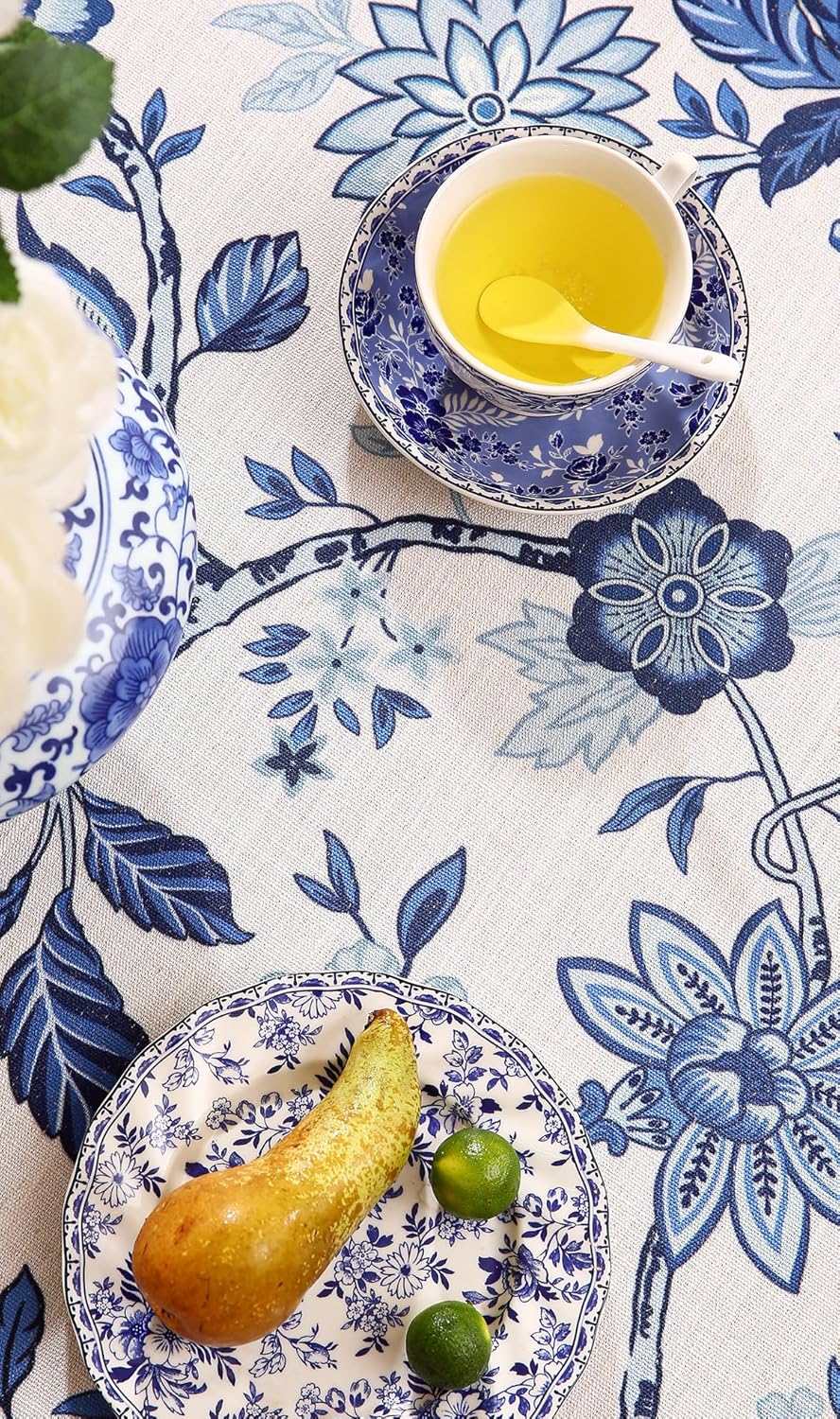 Vintage French Linen Round Tablecloth,Blue and White Floral Wrinkle Free Tablecloths,Decorative Table Cover for Kitchen,Dining,Tea Party,Thanksgiving,Christmas,Diameter 67"-Suqing