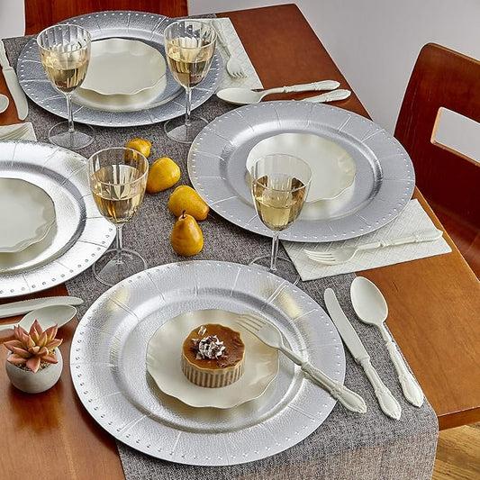 SILVER SPOONS Elegant Disposable Charger Plates For Party - (10 Piece) Heavy Duty Disposable Dinner Set 13”, Fine Dining Charger Dishes For Elegant China Look, for Celebrations & Events, Silver