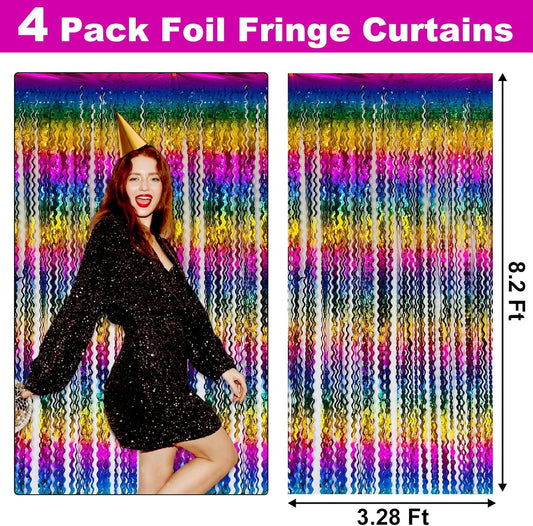 4 Pack Rainbow Fringe Curtain Backdrop 3.2Ft x 8.2Ft Metallic Tinsel Foil Fringe Streamers Background for Photo Booth Mother's Day, Easter, Carnival, Birthday, Wedding Party Decoration