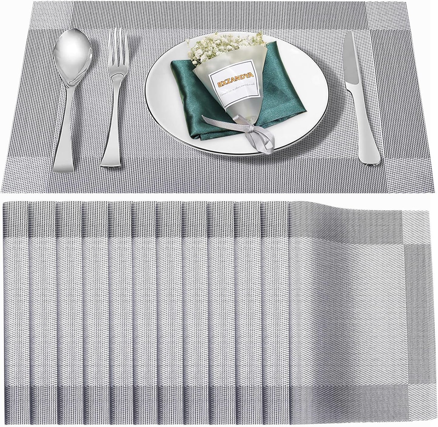 Placemats Set of 12,Washable,Heat and Stain Resistant Indoor/Outdoor Place mats,Vinyl Woven Non Slip Table Mats for Restaurant Table Protection,PVC Placemats(Silver,12PCS)
