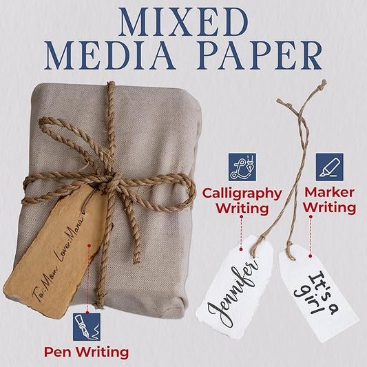 Wanderings Handmade White Deckled Edge Tags with String - 3.75 x 1.75” Only - Pack of 25 - Ideal for Price or Gift Tags, Arts, Crafts, Place Cards, Name Cards - Cold Press Thick 150 GSM
