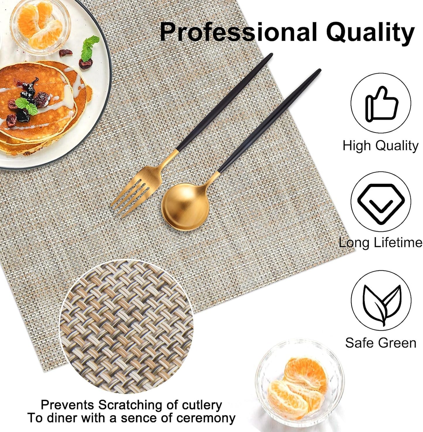 Vinyl Placemats Set of 6, PVC Woven Washable Non-Slip Table Mats, Heat Resistant Wrinkle Free Place Mats for Dining Table, Easy to Clean (6, Caramel)