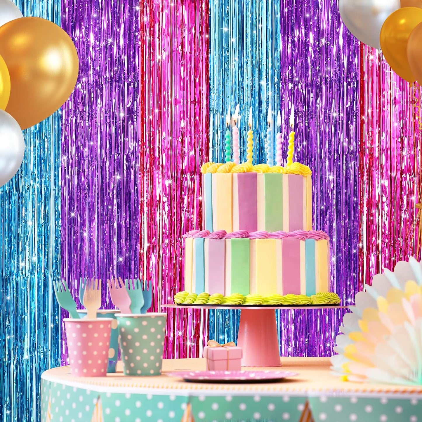 2 Pack Blue Purple Pink Metallic Tinsel Foil Fringe Curtains, Door Streamers Photo Booth Backdrop for Birthday Party, Tinsel Curtain Backdrop for Baby Shower Bachelorette Christmas Party Decorations