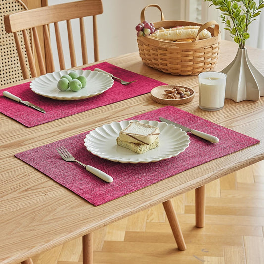 Softalker Faux Linen Placemats Set of 8-12 x 18 Inch, Heat Resistant Double Layered Durable Burlap Farmhouse Place Mats, Non-Slip Washable Rustic Table Mats for Dining, Kitchen, Party(Pink
