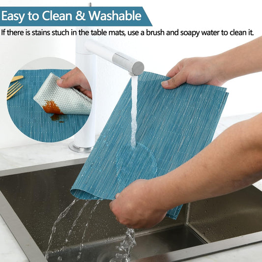 SLKQG Vinyl Placemats Set of 8 - Washable Easy Clean Place Mats - Heat Resistant PVC Table Placemats - Table Mats for Dining Table 17x12 Inch (Sky Blue Turquoise, 8)
