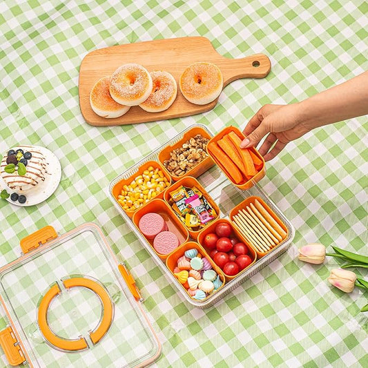 Patent Divided Serving Tray with Lid & Handle - Snackle Box Organizer for Charcuterie, Sandwiches, Veggies, Fruits, Candy - Portable Food Storage for Travel, Beach, Picnics(1 pcs, Orange)