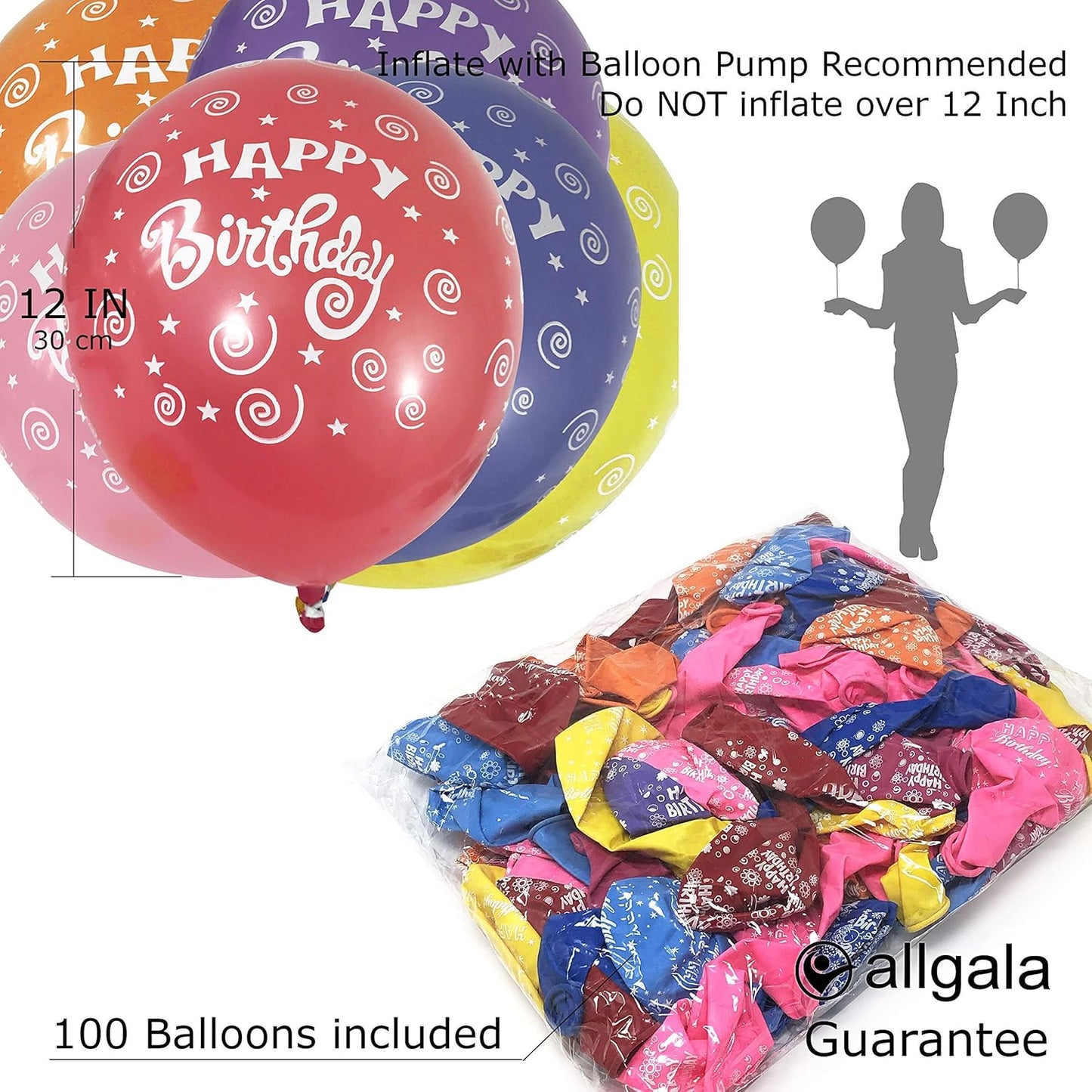 Allgala Latex Balloons for Parties | Helium Grade Bulk Balloon Pack | Ideal for Birthday Party Decorations, Baby Shower, Christmas Party | Colored Balloons for Events | 100ct 12" - Happy Birthday