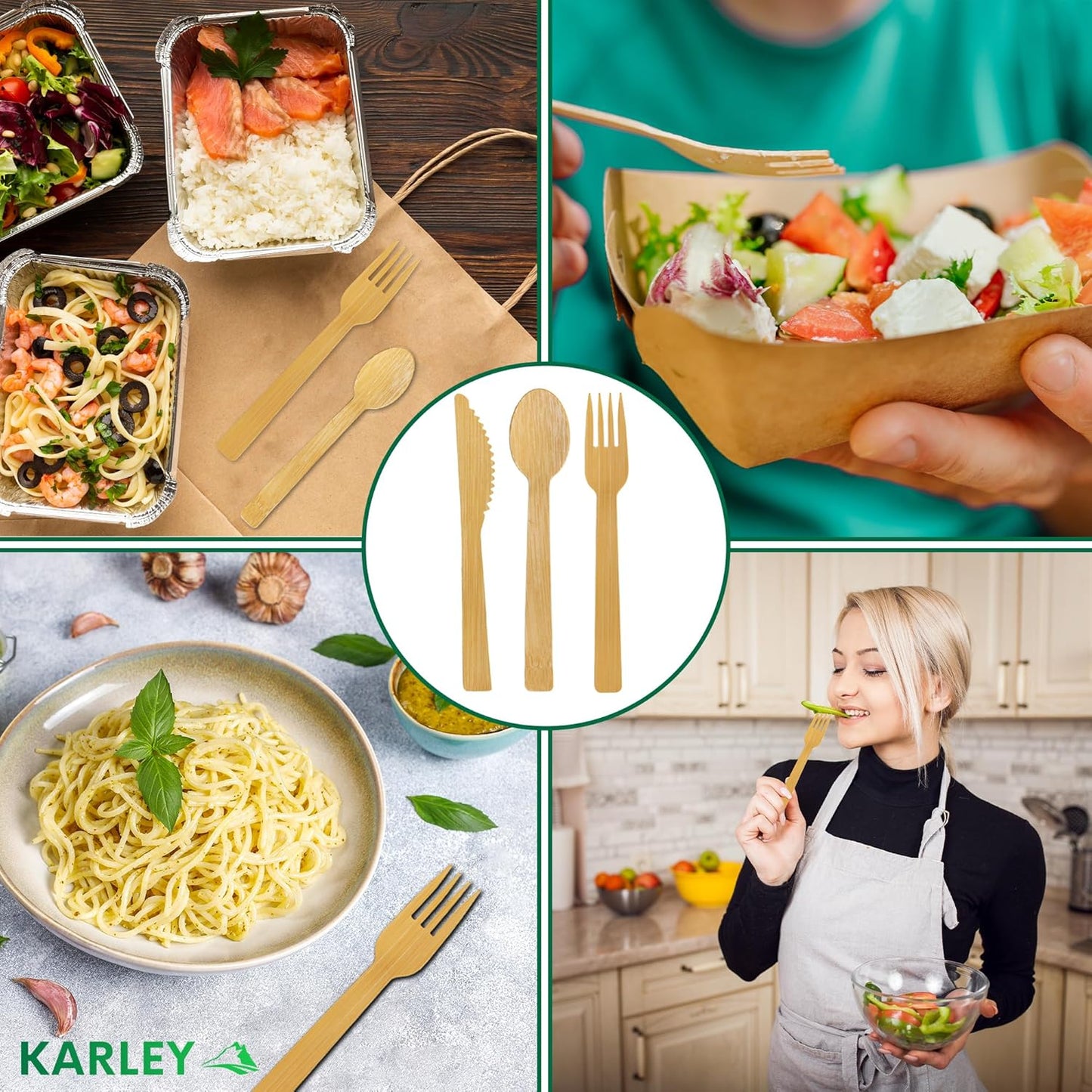 Karley Bamboo Utensils 150Pcs Set – Compostable Cutlery Set for Picnic, Parties – Heavy Duty Disposable Silverware Includes Wooden Spoons for Eating, Forks, Knives – Zero Plastic Disposable Cutlery