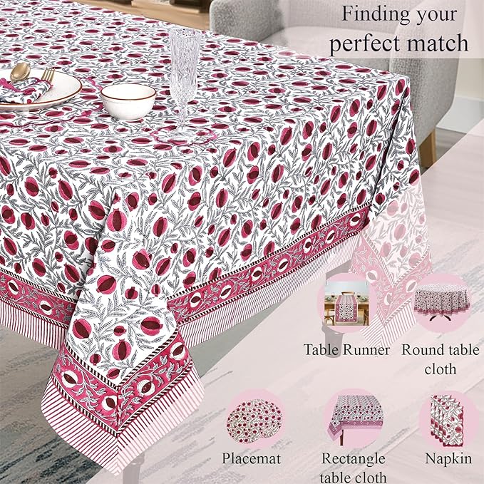 Ridhi Hand Block Print Sangria Red Rectangle Cotton Tablecloth 160" x 72" Reusable Table Cover Decorative Everyday Use for Dining, Farmhouse, Home Gift for Spring, Easter, Valentine
