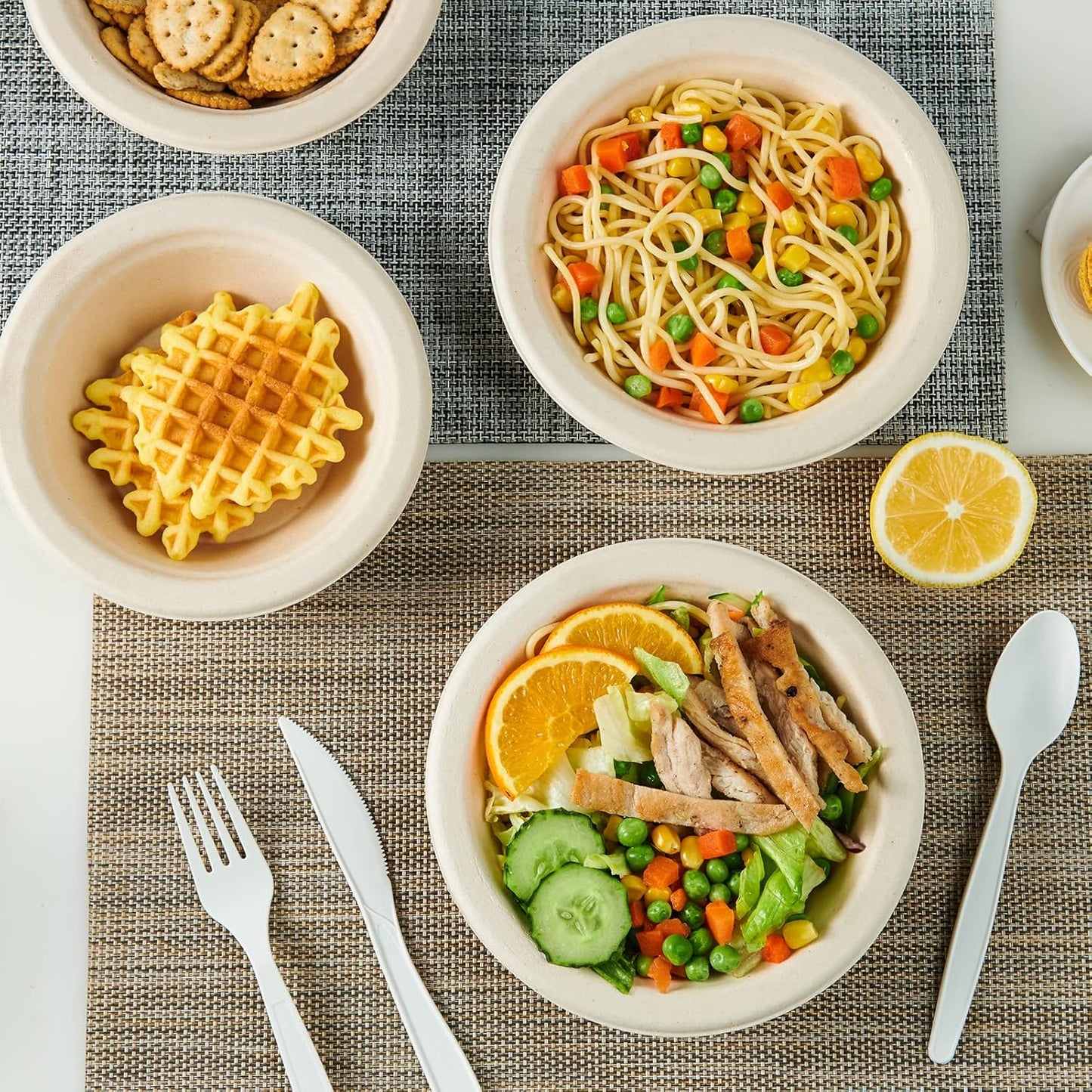 ECOLipak 150 Pack Compostable Disposable Paper Bowls, 16 OZ Bagasse Heavy duty Biodegradable Eco Friendly Sugarcane Soup Bowls for Salad Dessert(Nature)