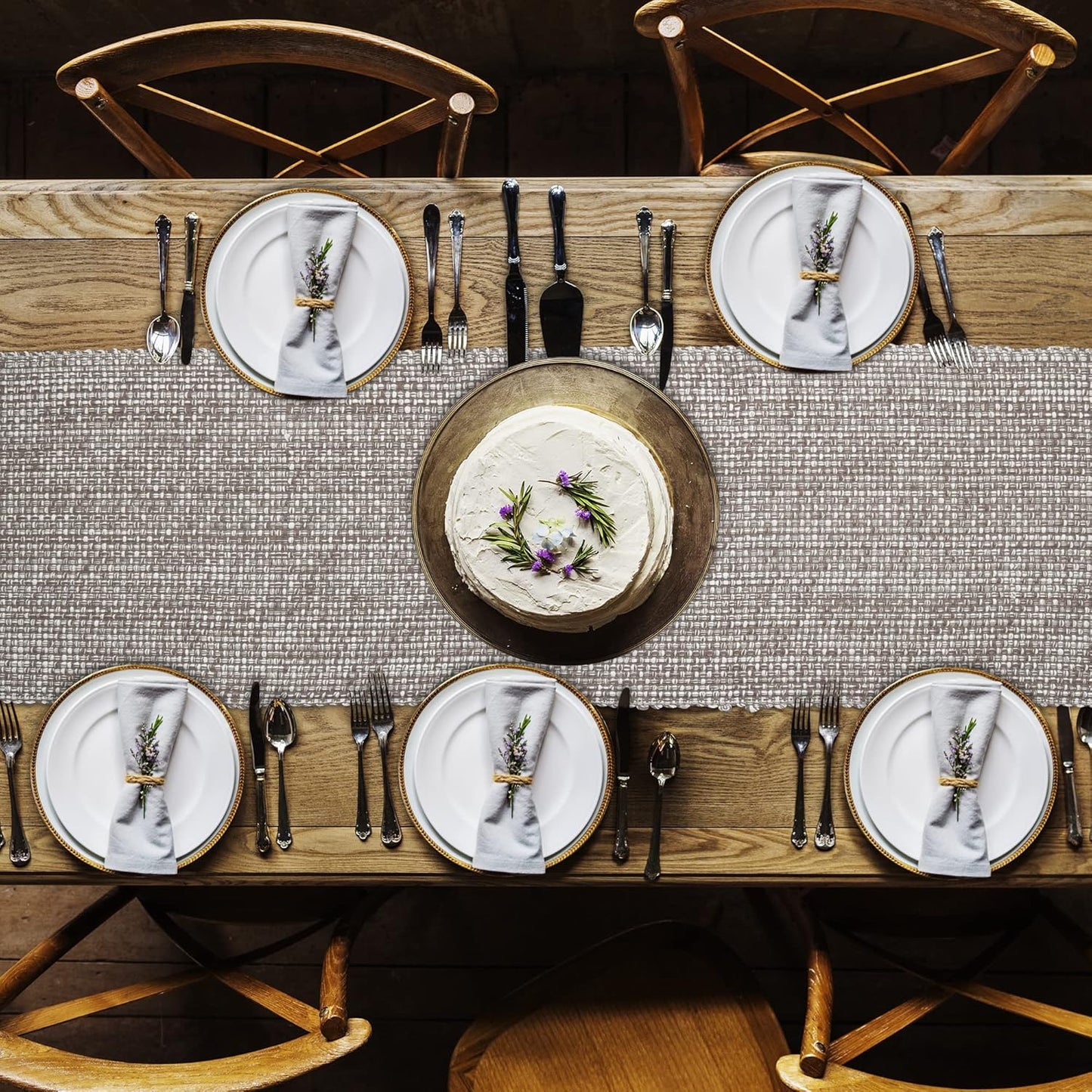 Urban Villa, 100% Cotton Two Tone Table Runner,14''x 72'' Over Sized Taupe/White Two Tone Table Runner with Fringes, Every Day Use Heavier Quality Christmas Runners