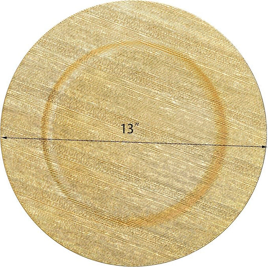 Jucoan 12 Pack Gold Charger Plates for Dinner Plates, 13 Inch Round Plastic Shiny Texture Strip Charger Plates for Wedding Thanksgiving Christmas Party Event Catering Hotel Tabletop Setting Decor