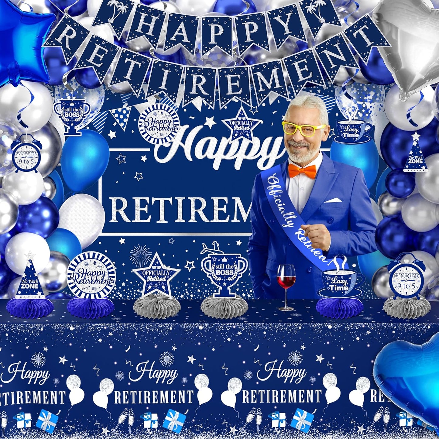 Retirement Party Decorations for Men Women 109Pcs Blue Silver Happy Retirement Decorations Include Banner Backdrop Balloons Sash Hanging Swirls Pompoms Tablecloth Honeycomb Centerpiece(Blue Silver)