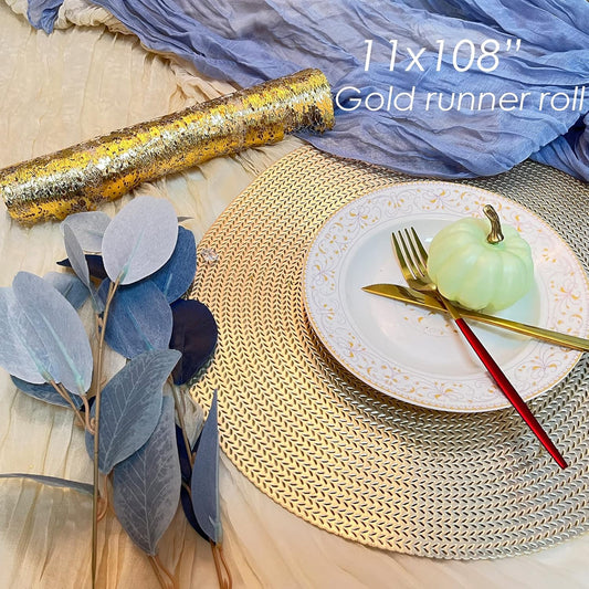 Gold Table Runner - Metallic Party Decorations 9ft Sparkle Foil Mesh Decor for Birthday, Wedding, Anniversary, Thanksgiving, Christmas, Graduation, Shining Table Cloth