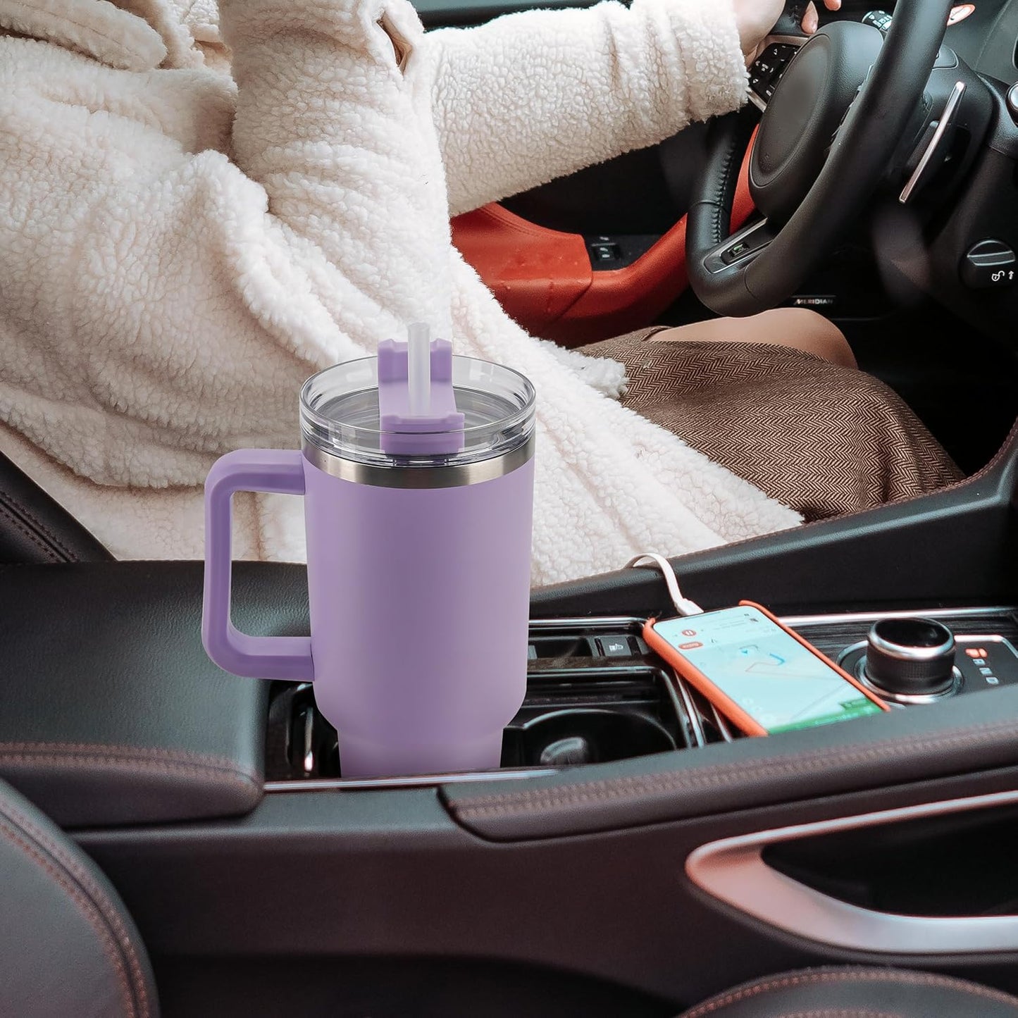 40 oz Tumbler with Handle and Straw Spill Proof Large Travel Coffee Mug Insulated Reusable Stainless Steel Cup with Lid Fit for Car Cup Holder(Lavender Purple)